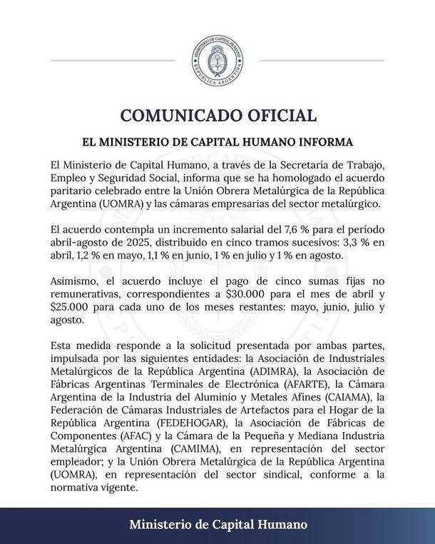 El Gobierno homologó el acuerdo paritario de la UOM: de cuánto es el aumento salarial