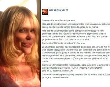Se amigaron Nazarena Vélez y Carmen Barbieri