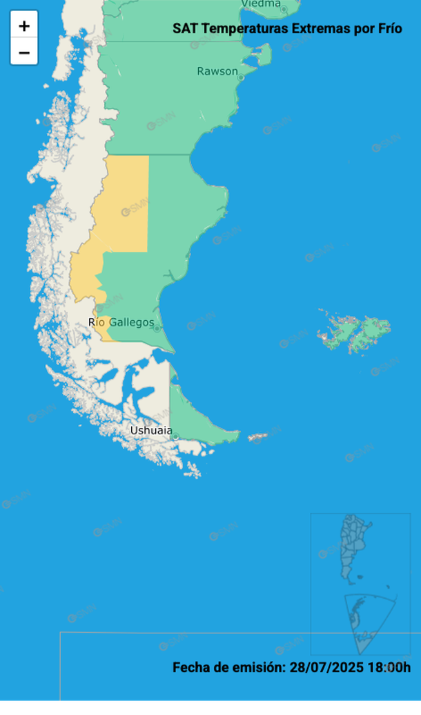Alerta por frío extremo en zonas de la provincia de Santa Cruz. Fuente: Servicio Meteorológico Nacional. Alerta por frío extremo en zonas de la provincia de Santa Cruz. Fuente: Servicio Meteorológico Nacional.