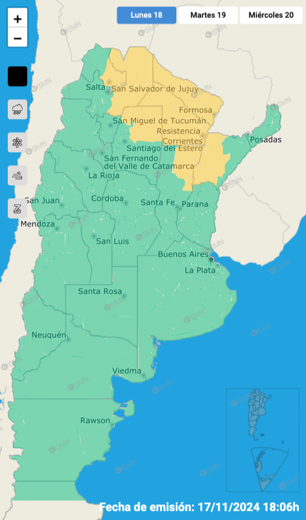 Alerta por tormentas y granizo este lunes en zonas de siete provincias. Fuente: Servicio Meteorológico Nacional. Alerta por tormentas y granizo este lunes en zonas de siete provincias. Fuente: Servicio Meteorológico Nacional.