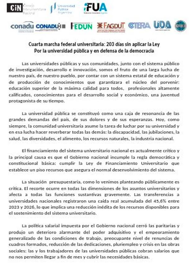 Marcha Federal Universitaria: qué dice el contundente documento publicado por las universidades