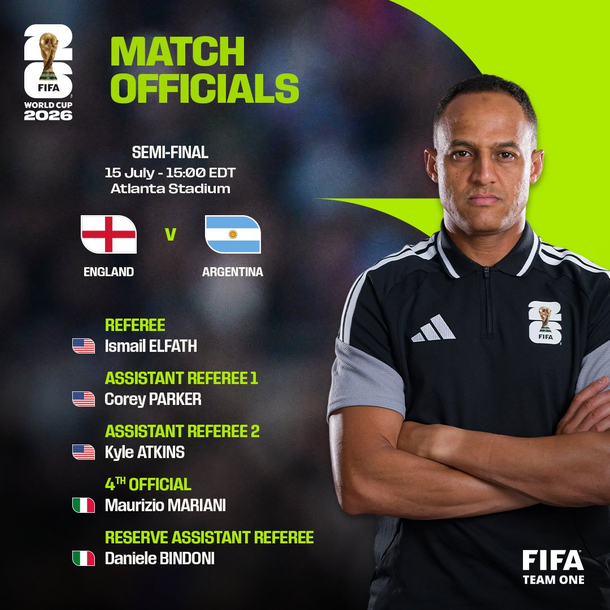 La FIFA confirm&oacute; al &aacute;rbitro para Selecci&oacute;n Argentina vs. Inglaterra por las semifinales del Mundial 2026