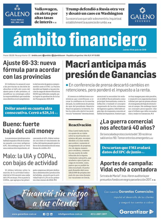 Tapas de diarios del jueves 19 de julio de 2018