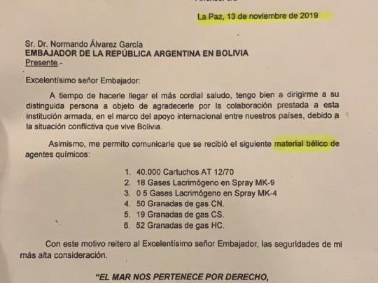 El documento oficial que confirma el material bélico enviado por Macri tras  el golpe de Estado en Bolivia