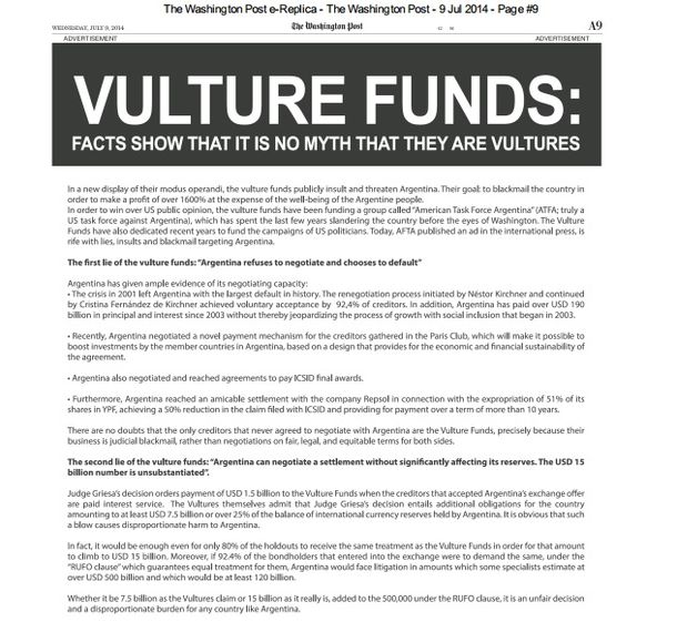 El Gobierno sacó una solicitada contra los fondos buitre en el Washington Post