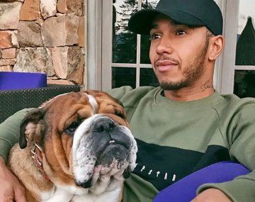 Lewis Hamilton, junto a su perro Roscoe.