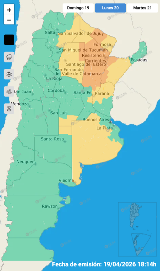 Alerta por tormentas y granizo este lunes en Buenos Aires y otras provincias. Fuente: Servicio Meteorológico Nacional. Alerta por tormentas y granizo este lunes en Buenos Aires y otras provincias. Fuente: Servicio Meteorológico Nacional.