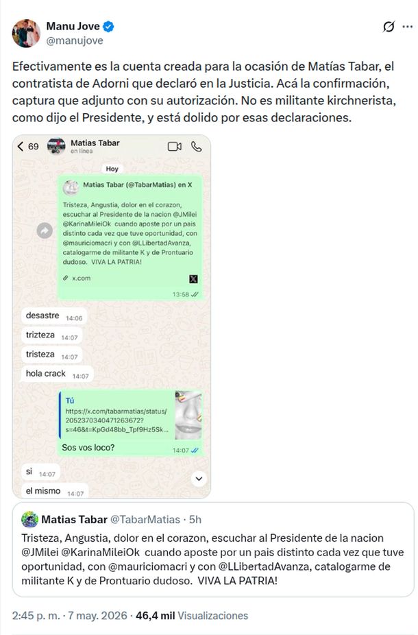 El contratista de Manuel Adorni cruzó a Javier Milei y a Karina tras ser tratado como militante K: Dolor