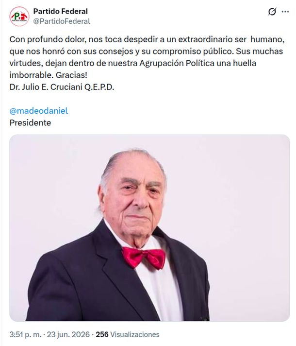 A los 92 años murió el exjuez Julio E. Cruciani, que dejó la Justicia para dedicarse a la política