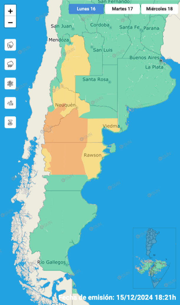 Alerta por tormentas y granizo este lunes en cuatro provincias. Fuente: Servicio Meteorol&oacute;gico Nacional.