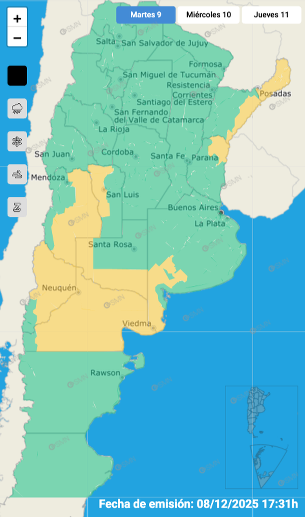 Mapa de alerta por tormentas fuertes y granizo para Buenos Aires y otras zonas del país. Fuente: Servicio Meteorológico Nacional. Mapa de alerta por tormentas fuertes y granizo para Buenos Aires y otras zonas del país. Fuente: Servicio Meteorológico Nacional.
