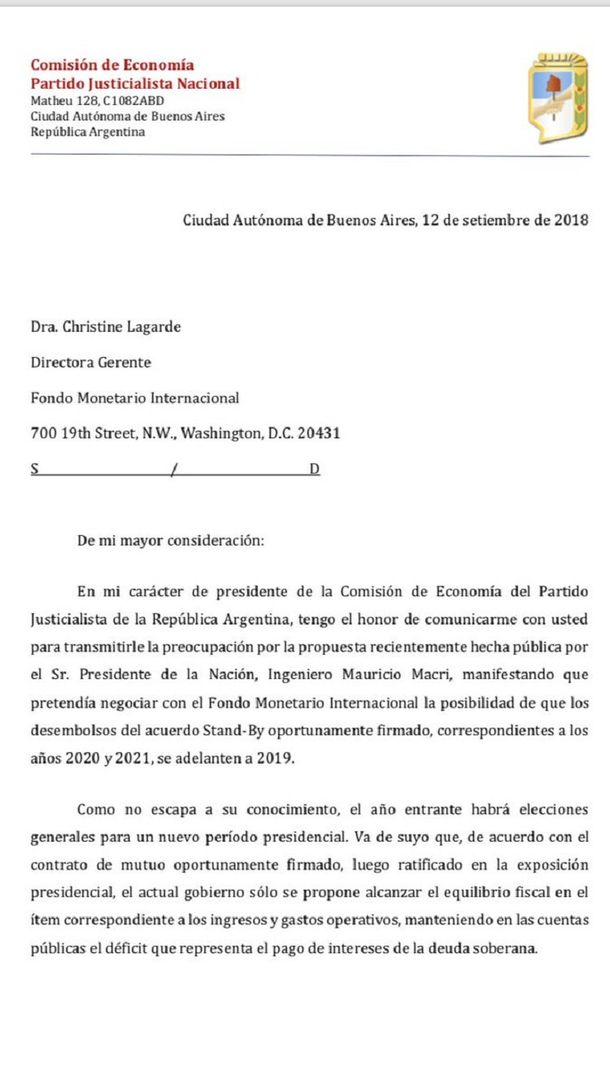 El Partido Justicialista le pide al FMI que no envíe el anticipo de dólares que pidió Macri