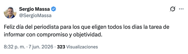 El saludo de Sergio Massa por el Día del Periodista. El saludo de Sergio Massa por el Día del Periodista.