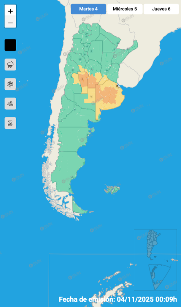 Alerta por tormentas y granizo en Buenos Aires para este martes. Fuente: Servicio Meteorológico Nacional. Alerta por tormentas y granizo en Buenos Aires para este martes. Fuente: Servicio Meteorológico Nacional.