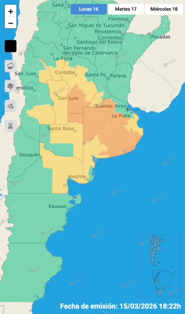 Alerta naranja este lunes por tormentas con granizo en Buenos Aires y otras provincias. Fuente: Servicio Meteorológico Nacional. Alerta naranja este lunes por tormentas con granizo en Buenos Aires y otras provincias. Fuente: Servicio Meteorológico Nacional.