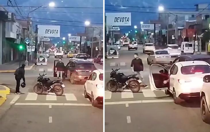 El hombre estaba discutiendo con un motociclista cuando el vehículo comenzó a desplazarse marcha atrás. El hombre estaba discutiendo con un motociclista cuando el vehículo comenzó a desplazarse marcha atrás.