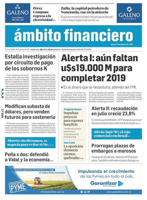 Tapas de diarios del jueves 2 de agosto de 2018