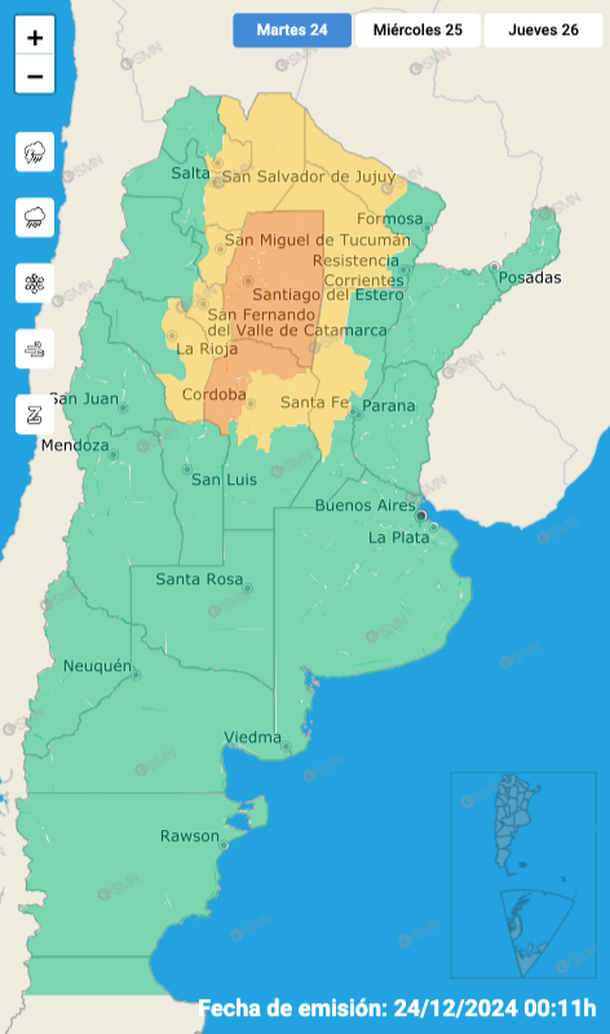 Alerta por tormentas fuertes y granizo en diez provincias. Fuente: Servicio Meteorológico Nacional. Alerta por tormentas fuertes y granizo en diez provincias. Fuente: Servicio Meteorológico Nacional.