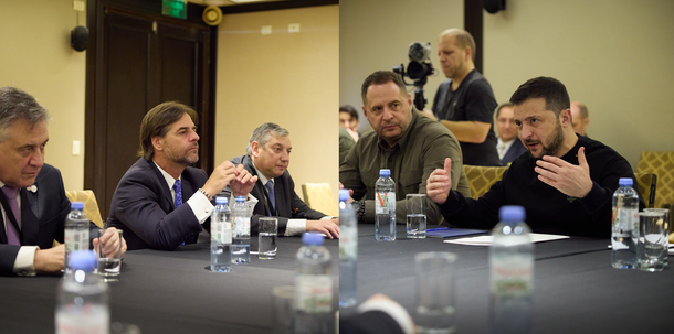 El presidente uruguayo Luis Lacalle Pou y el mandatario ucraniano Volodimir Zelensky.