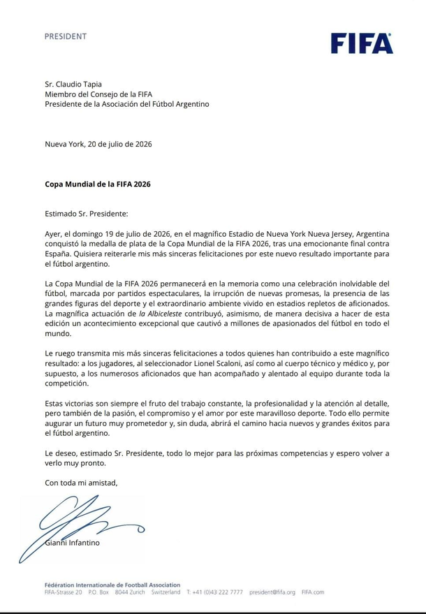 El reconocimiento de Gianni Infantino a Chiqui Tapia por el Mundial 2026 de la Selecci&oacute;n Argentina