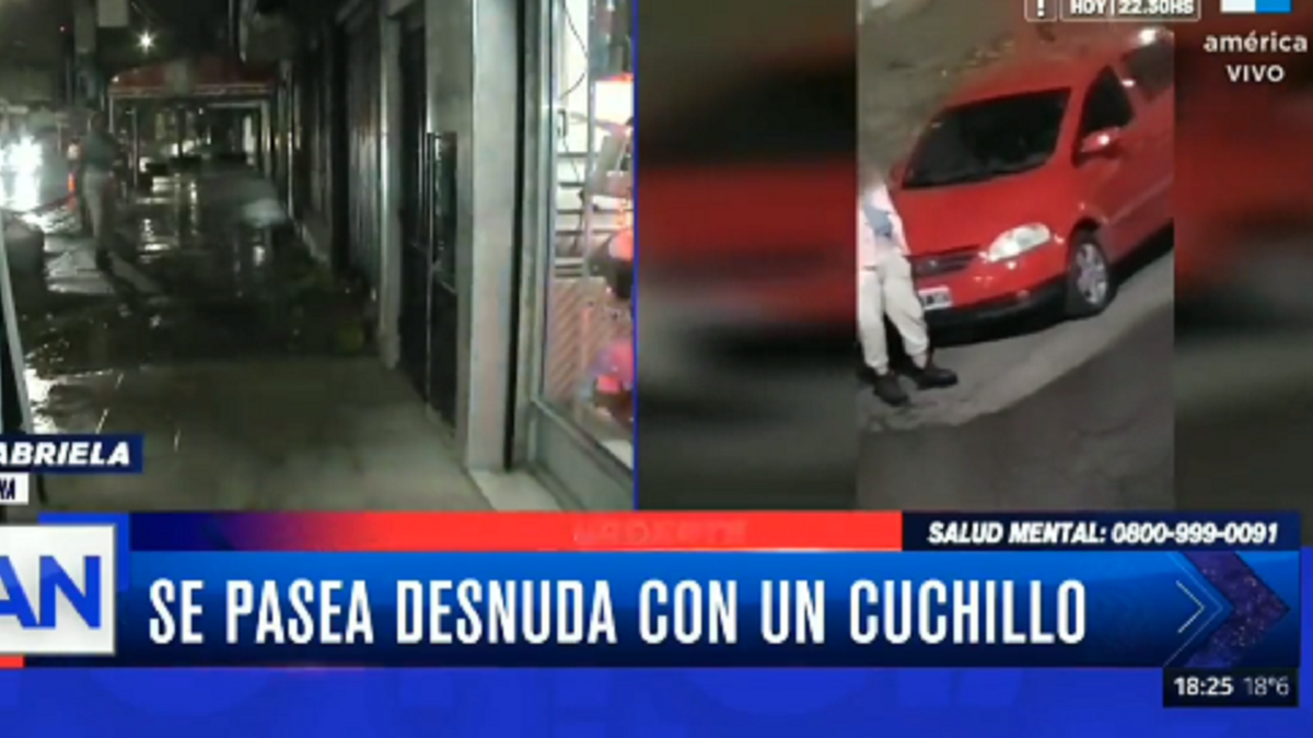 Tensión en vivo en Lanús: la mujer que se pasea desnuda con un cuchillo  apareció en un móvil de TV