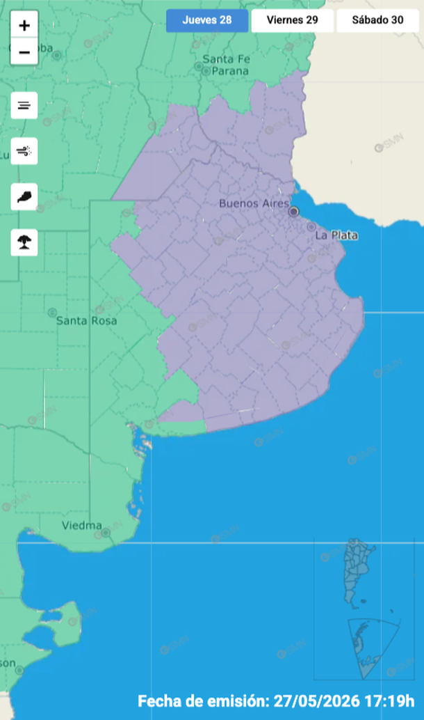 Alerta meteorológica por niebla preocupa este jueves en el AMBA. Fuente: Servicio Meteorológico Nacional. Alerta meteorológica por niebla preocupa este jueves en el AMBA. Fuente: Servicio Meteorológico Nacional.