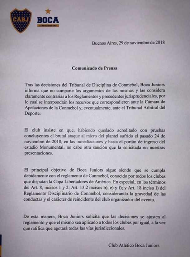 Boca confirmó que apelará el fallo de Conmebol: ¿recurrirá al TAS?