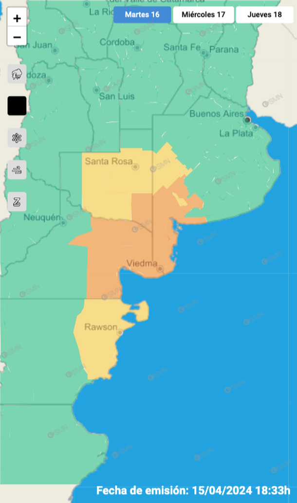 Alerta por lluvias fuertes en Buenos Aires y otras tres provincias. Fuente: Servicio Meteorológico Nacional. Alerta por lluvias fuertes en Buenos Aires y otras tres provincias. Fuente: Servicio Meteorológico Nacional.