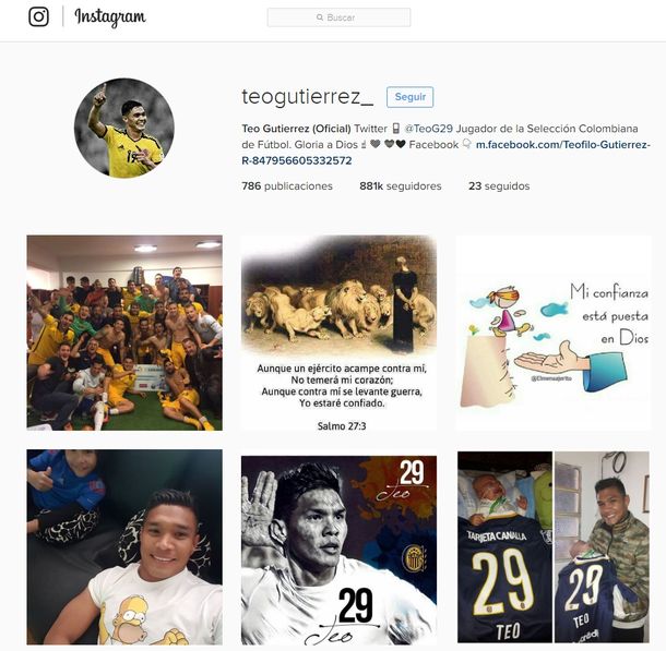 La cuenta de Instagram de Teófilo Gutiérrez