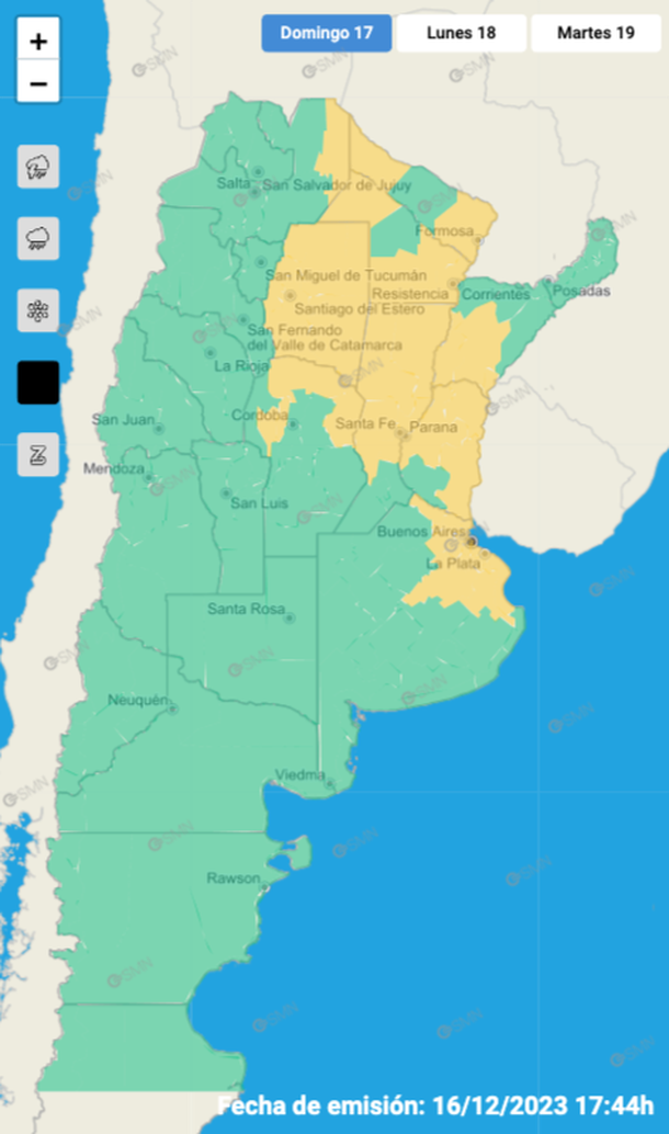 Mapa de alertas por viento para Buenos Aires y otras zonas del país. Fuente: Servicio Meteorológico Nacional. Mapa de alertas por viento para Buenos Aires y otras zonas del país. Fuente: Servicio Meteorológico Nacional.