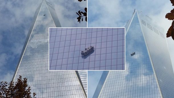Dos limpiavidrios quedaron colgados de un arnés en el nuevo World Trade Center