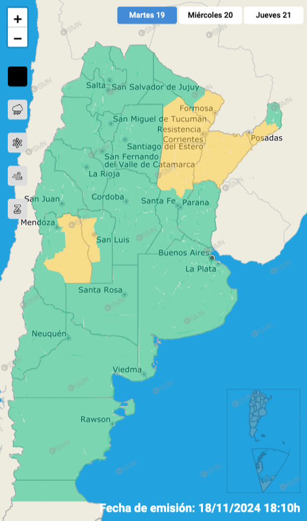 Alerta por tormentas fuertes y granizo para este martes. Fuente: Servicio Meteorológico Nacional. Alerta por tormentas fuertes y granizo para este martes. Fuente: Servicio Meteorológico Nacional.