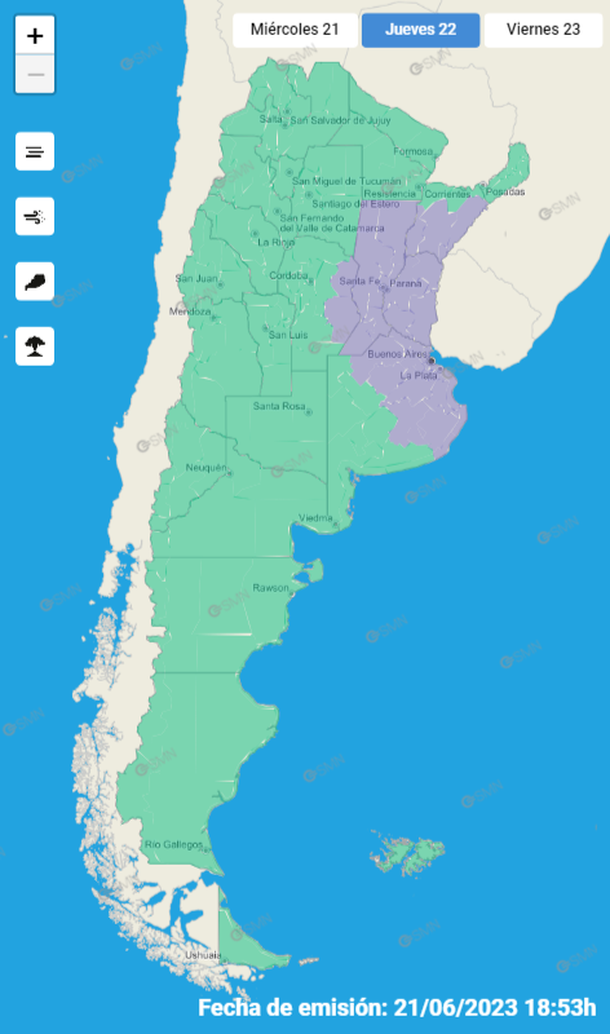 Advertencia por niebla en el AMBA y varias provincias. Fuente: Servicio Meteorológico Nacional. Advertencia por niebla en el AMBA y varias provincias. Fuente: Servicio Meteorológico Nacional.