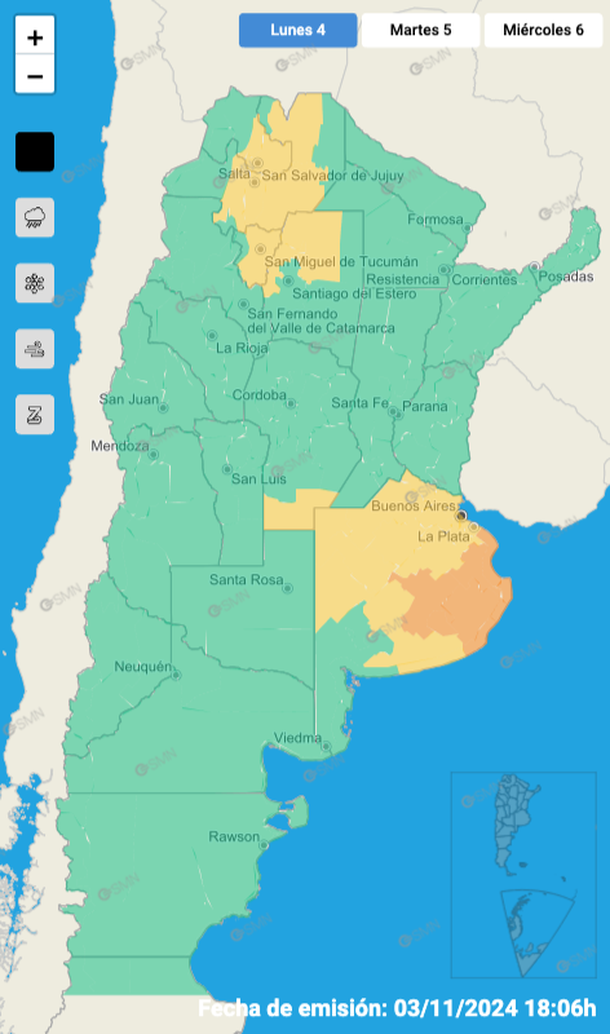 Alerta por tormentas y granizo para Buenos Aires y otras cinco provincias. Fuente: Servicio Meteorológico Nacional.