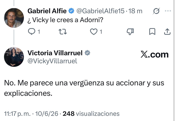 La fulminante reacción de Victoria Villarruel tras la declaración jurada de Manuel Adorni. La fulminante reacción de Victoria Villarruel tras la declaración jurada de Manuel Adorni.