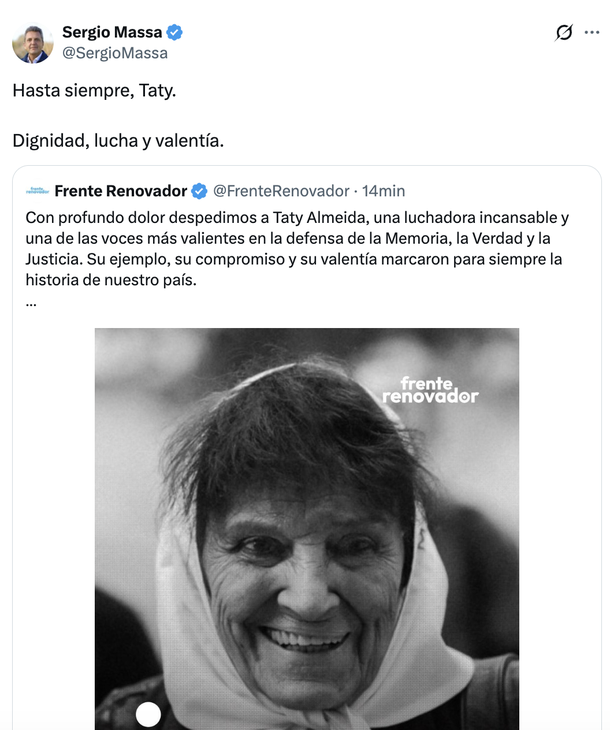 "Dignidad, lucha y valentía": Sergio Massa despidió a Taty Almeida "Dignidad, lucha y valentía": Sergio Massa despidió a Taty Almeida