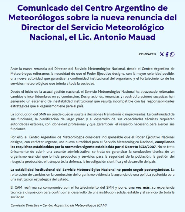 Renunció por segunda vez el director del Servicio Meteorológico Nacional en medio de una reestructuración