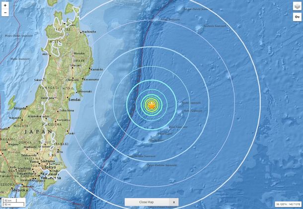 El epicentro del terremoto fue a 281 km. de la costa este de Japón