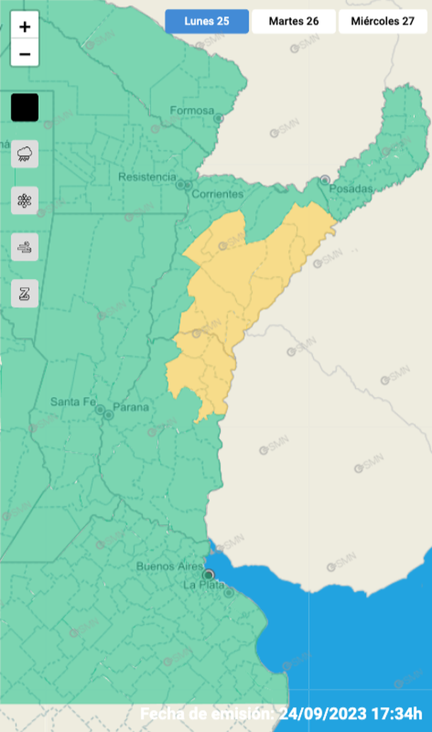 Mapa de alertas por tormentas y granizo para Entre Ríos y Corrientes. Fuente: Servicio Meteorológico Nacional.