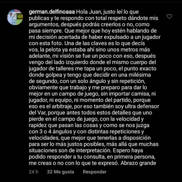 Descargo de Germán Delfino en las redes sociales.