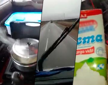 Peligro al volante: un hombre cocina fideos mientras maneja un camión