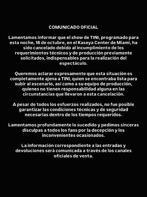 Por qué cancelaron el show de Tini Stoessel en Miami y qué pasará con las entradas Por qué cancelaron el show de Tini Stoessel en Miami y qué pasará con las entradas
