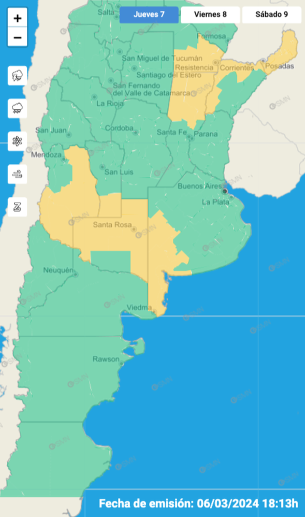 Alerta por tormentas fuertes y granizo este jueves en Buenos Aires y otras siete provincias. Fuente: Servicio Meteorológico Nacional. Alerta por tormentas fuertes y granizo este jueves en Buenos Aires y otras siete provincias. Fuente: Servicio Meteorológico Nacional.
