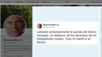 Mensaje de Macri por la muerte del Momo Venegas Mensaje de Macri por la muerte del Momo Venegas