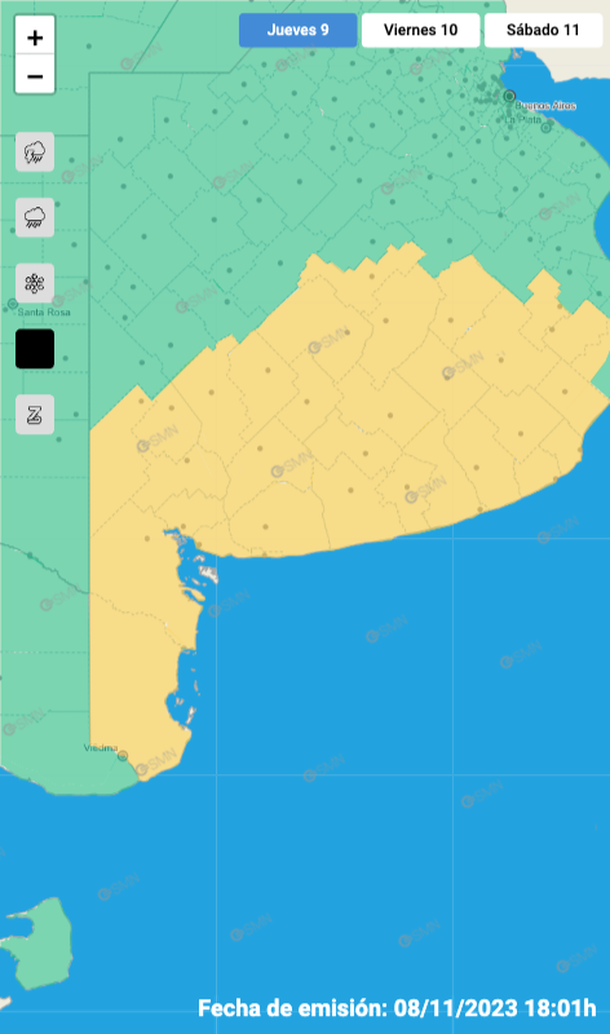 Mapa de alerta por viento fuerte en Buenos Aires. Fuente: Servicio Meteorológico Nacional. Mapa de alerta por viento fuerte en Buenos Aires. Fuente: Servicio Meteorológico Nacional. 