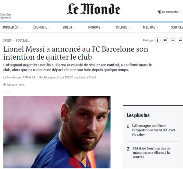 La salida de Lionel Messi del Barcelona copó las tapas de los medios del mundo