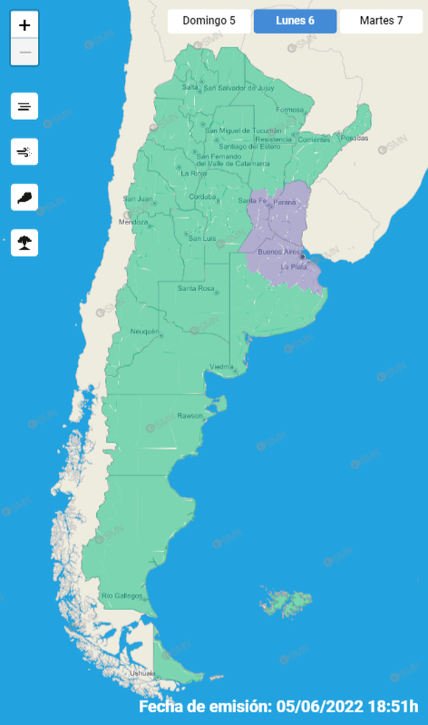 El mapa con las localidades en las que rige la advertencia violeta por niebla. Fuente: SMN.