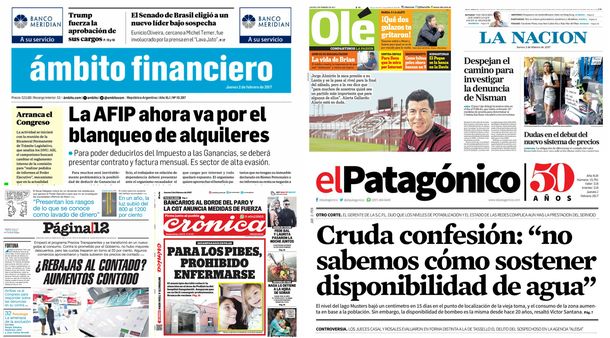 Tapas de diarios del&nbsp;jueves 2 de febrero de 2017