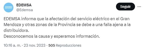 Mensaje de Edemsa por el corte de luz en Mendoza Mensaje de Edemsa por el corte de luz en Mendoza