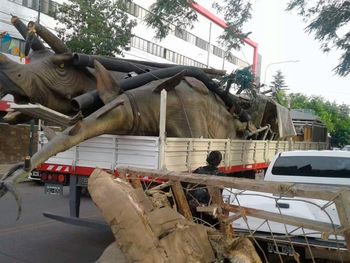De no creer: dejó estacionada su camioneta y un dinosaurio le cayó encima